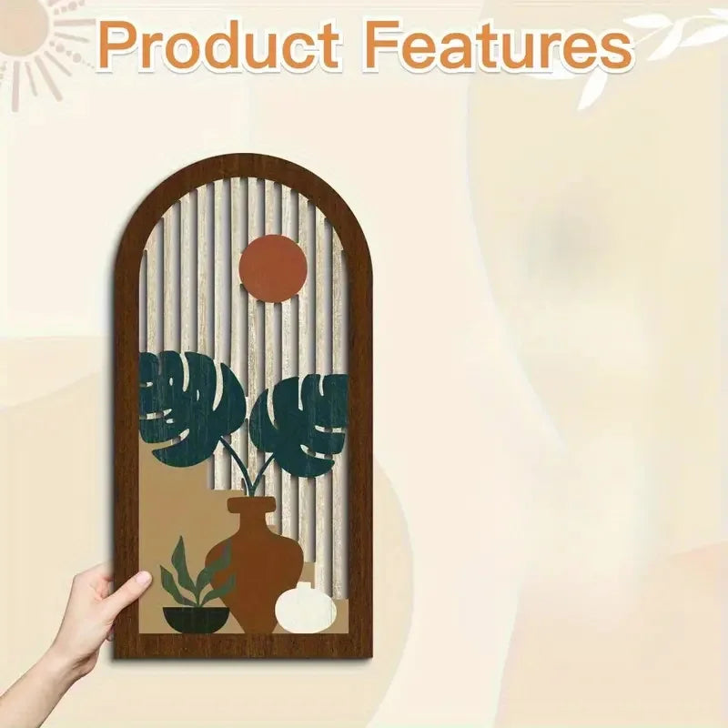 Hemasa 3pcs Wooden Wall Art Boho Modern Decor Hollow Crafted with Vases Plants & Banana Leaves for Home Office