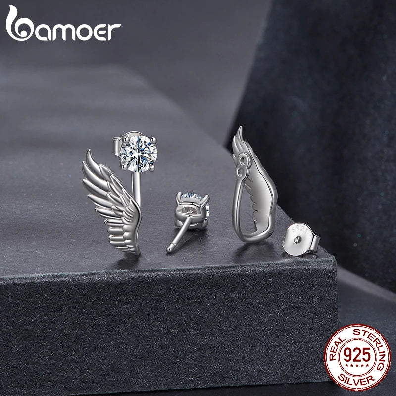 BAMOER 0.5CT Angel Wing Moissanite Stud Earrings, Symmetrical Cartilage Climber Earrings Round Cut Lab Created Diamond for Women