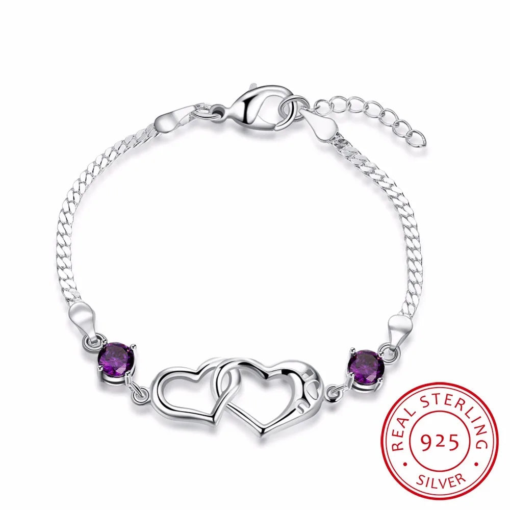 Lekani 925 Sterling Silver Double Heart Charm Bracelet For Women Fine Jewelry Purple Zirconia Pulseras Wedding Gift