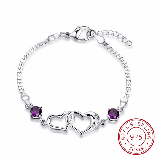 Lekani 925 Sterling Silver Double Heart Charm Bracelet For Women Fine Jewelry Purple Zirconia Pulseras Wedding Gift