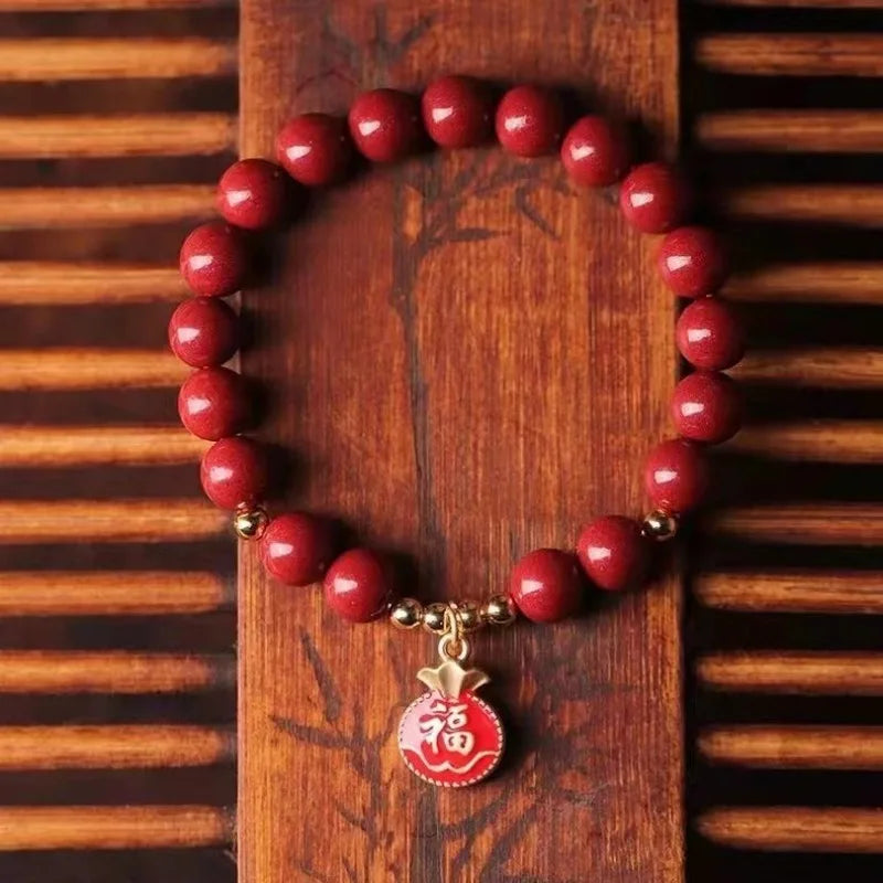 Natural Red Cinnabar 6mm Bead Blessing Bag Bracelet Elastic Bangle Tassels Fashion Charm Jewelry Wholesale Amulet Gift for Women