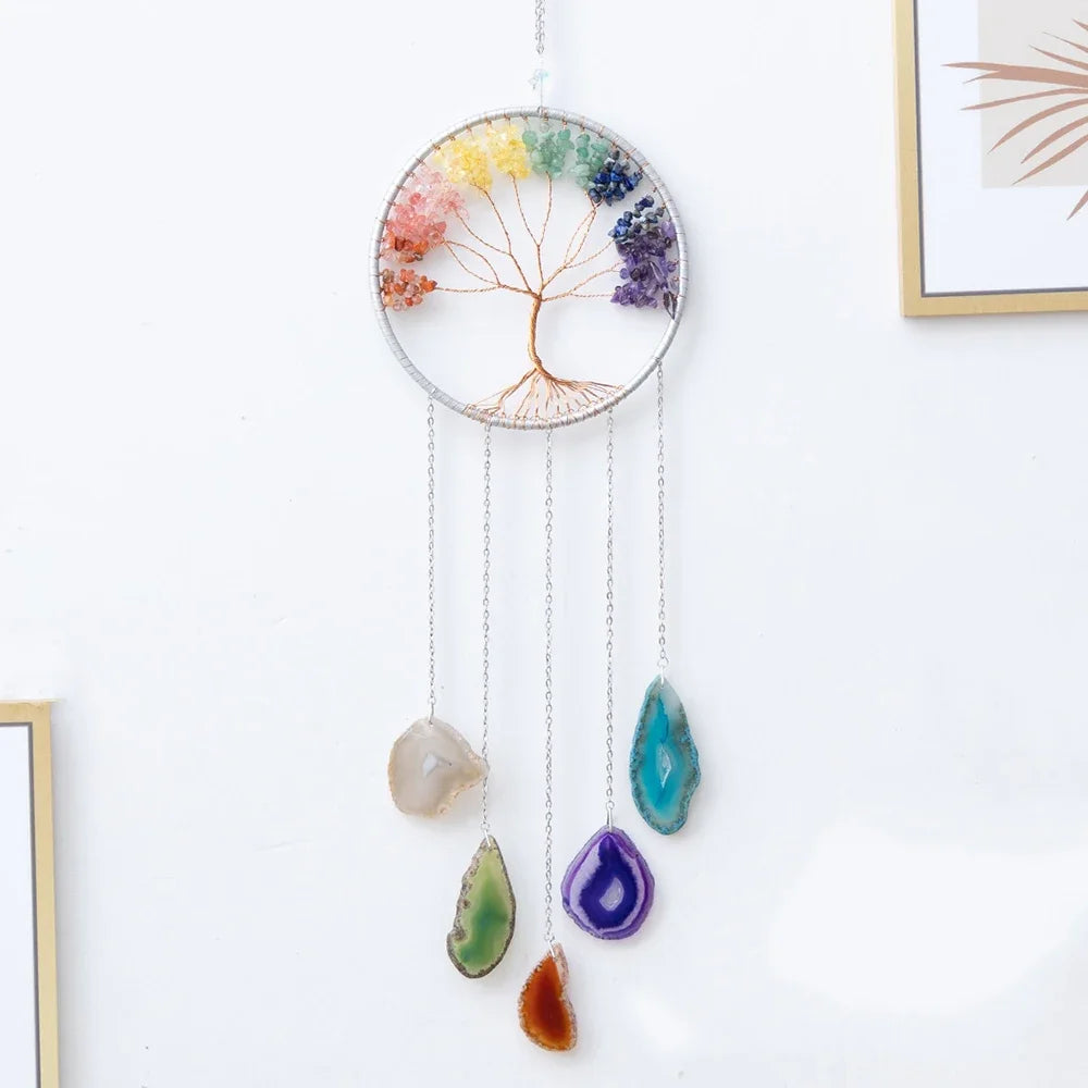 7 Chakra Gemstones Tree Of Life Dream Catchers  Natural Agate Bedroom Wall Hanging Crystal Dream Catcher Home Craft Decorations