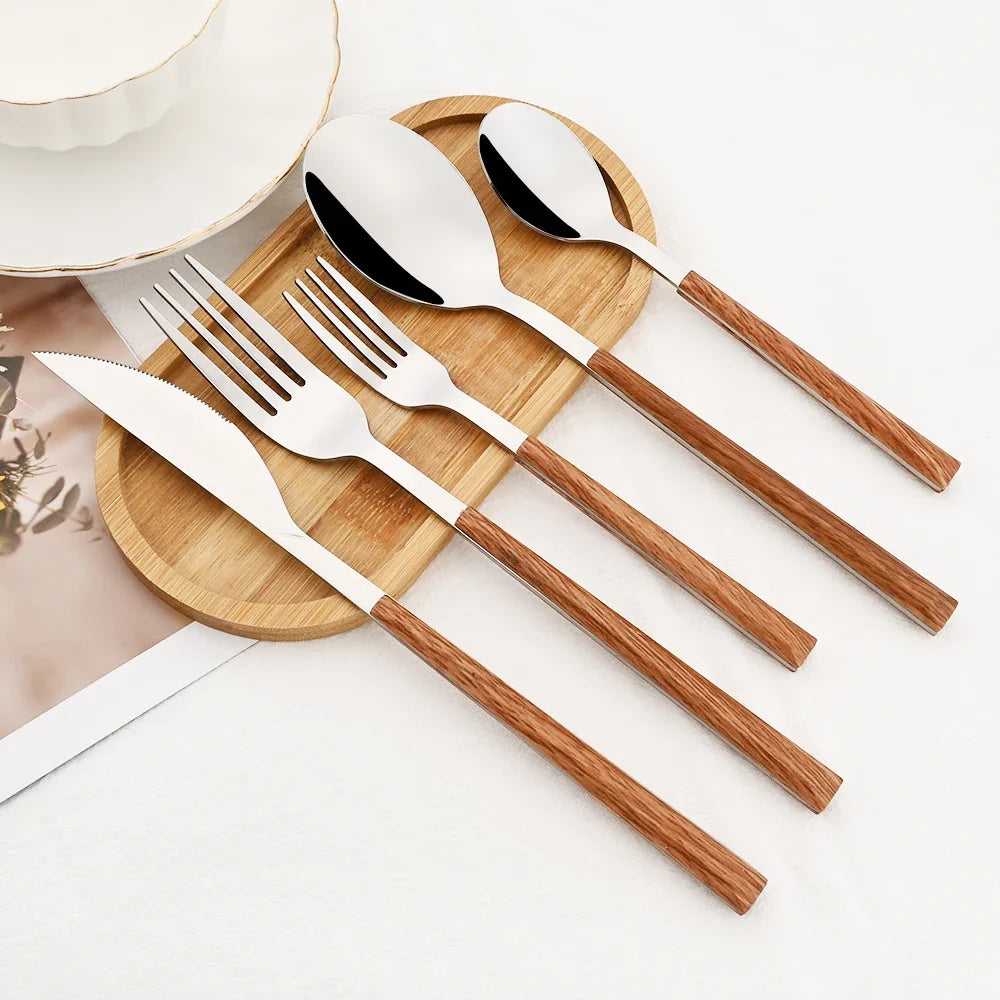 Hemasa 16/24/30Pcs Stainless Steel  Wooden Handle Cutlery Set Dinnerware Clamp Western Tableware Knife Fork Tea Spoon