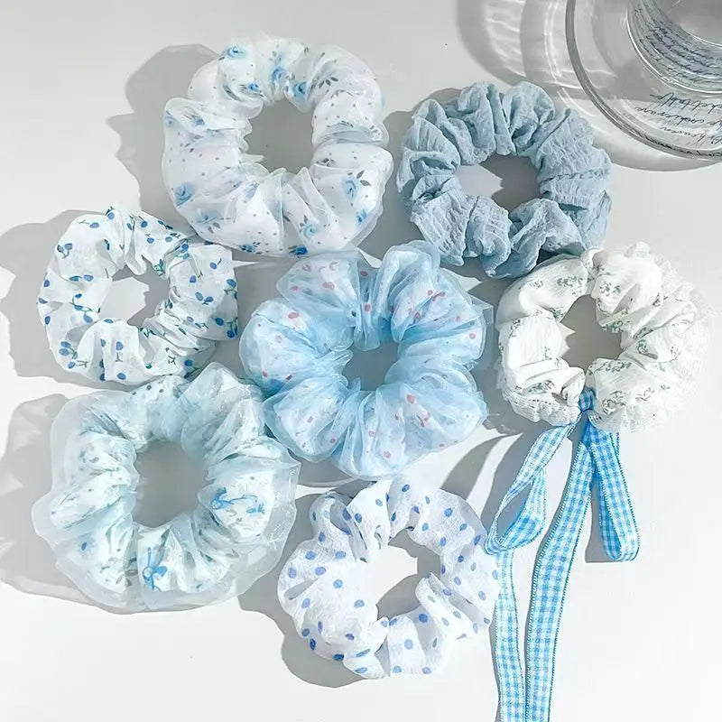 7pcs Spring and summer floral pig large intestine hair loop, high-end hair accessory with tied ponytail and headband