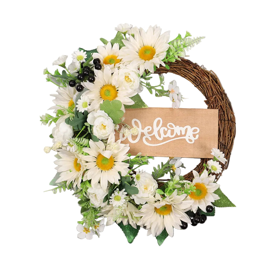 Tejesa Artificial Sunflower Spring  Wreath for Front Door  Green Eucalyptus Wreaths with Welcome Sign Wall Window Outdoor Decor