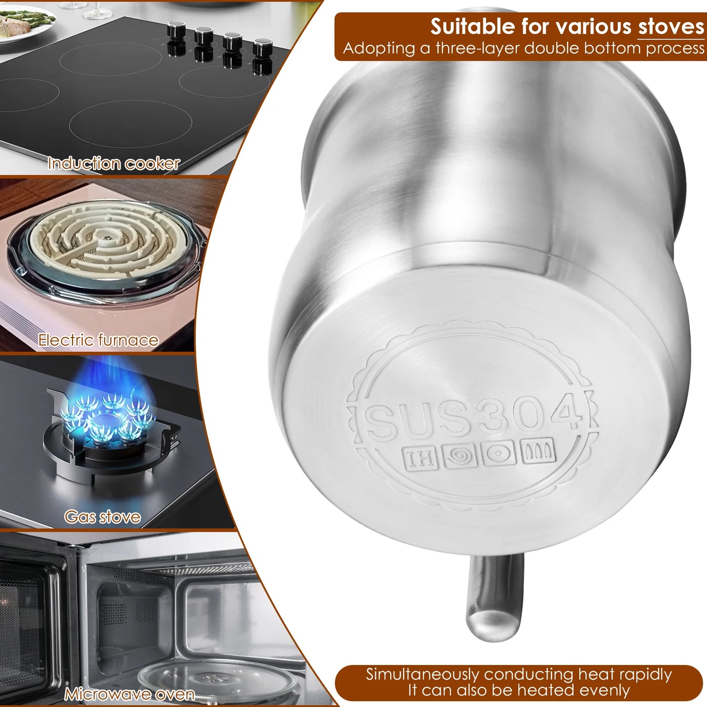 Tejesa 2000ml Saucepan Stainless Steel Pot High-capacity Kettle Home Cooking Pot for Baby Complementary Food Congee Noodles Dessert
