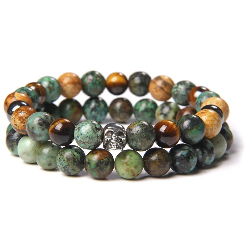 2pcs/set Beaded Bracelet Natural Stone Tiger Eye Hematite Beads Bracelet Men Energy Elastic Rope Bracelet Jewelry Couples Gifts