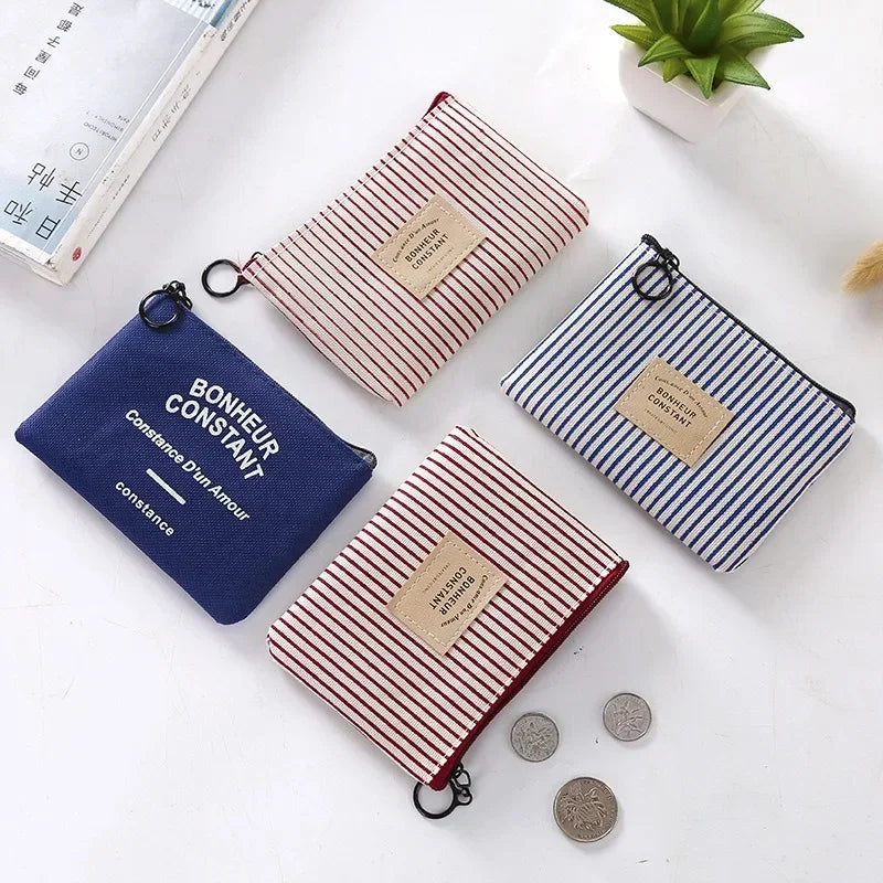 Fabric Coin Wallet Storage Bag Student Portable Coin Bag Mini Striped Small Square Bag Zipper Canvas Small Purse