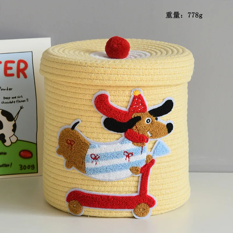 Tejesa Large Capacity  Woven Basket with Lid Cartoon House aped Storage Container Fun Desktop Organizer Basket for Home Use