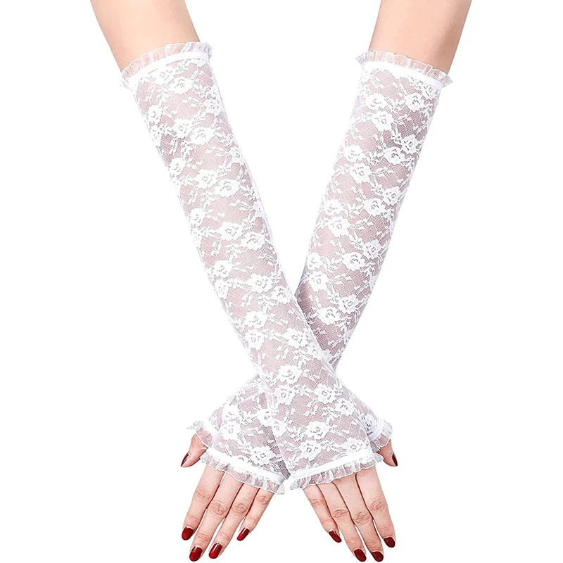 Tejesa Long Lace Hollow-Out Fingerless Gloves Sun Protection Sleeves Mesh Lace Thin Cycling Sexy Accessories Black Bare Finger Gloves