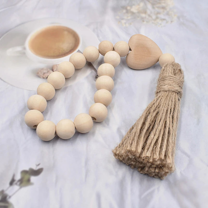 1Pc Log Color Wood Bead Garland Rustic Wall Hanging Hemp Rope Tassel Beaded with Heart Knot Woven Pendant Home Decoration 2023