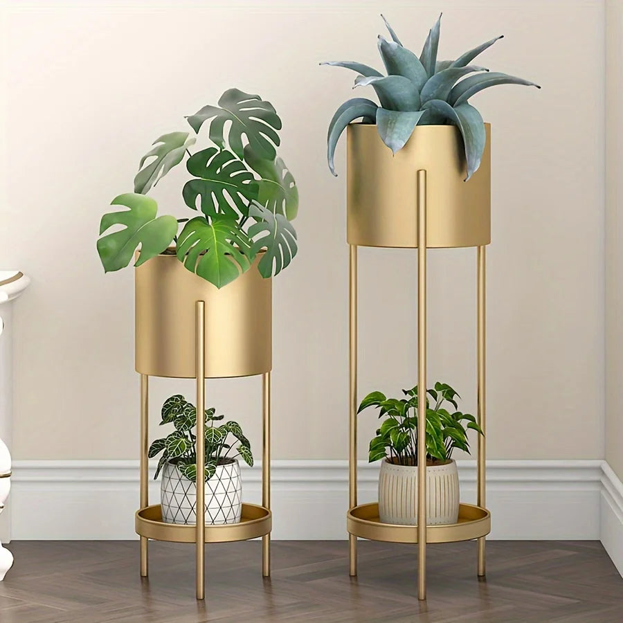 Modern Golden Double-Layer Flower Stand, Nordic Style Iron Plant Holder for Indoor & Balcony Decor, Round Metal Shelf for Small