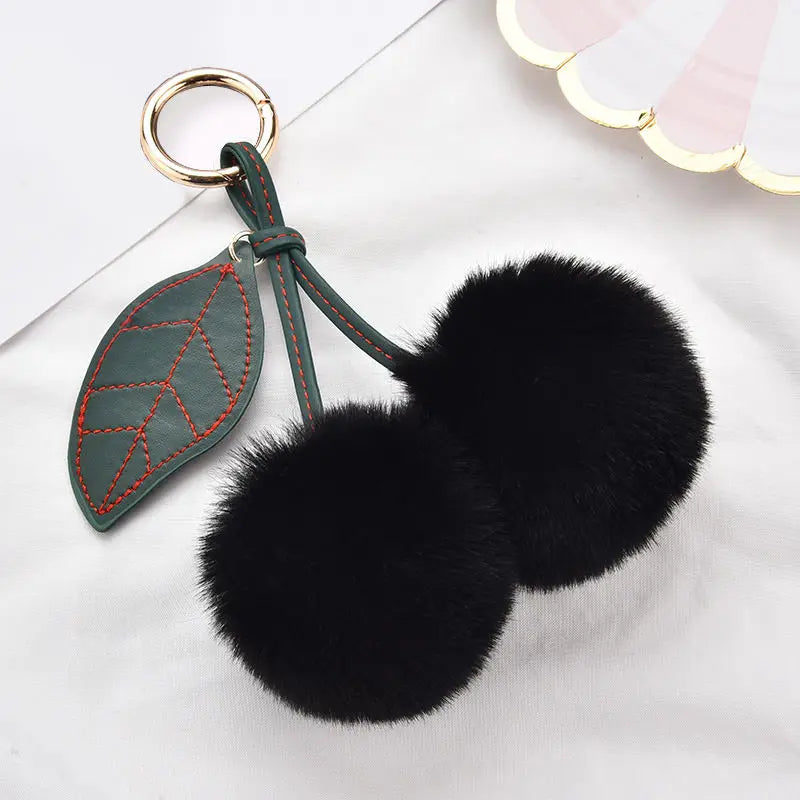 New Fashion Plush Cherry Keychains for Women Girls Fluffy Cartoon Rabbit Fur Ball Pompom Leaf Key Chains Rings Keyring Bag Gifts
