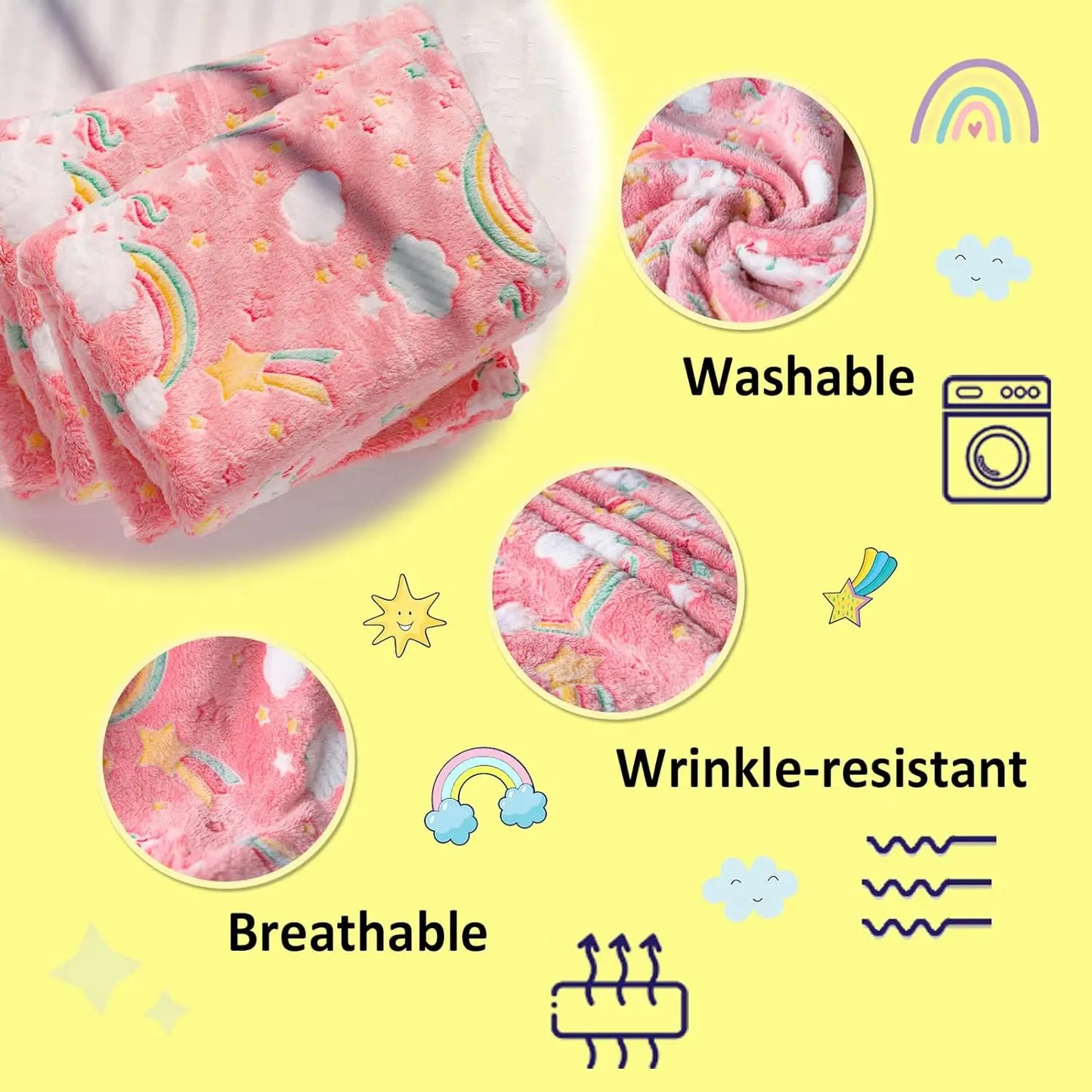 Hemasa Glow in The Dark Rainbow Throw Blanket, Soft Throw Blanket for Girls Boys, Camping Blanket, Gifts for Children Ages 1-10