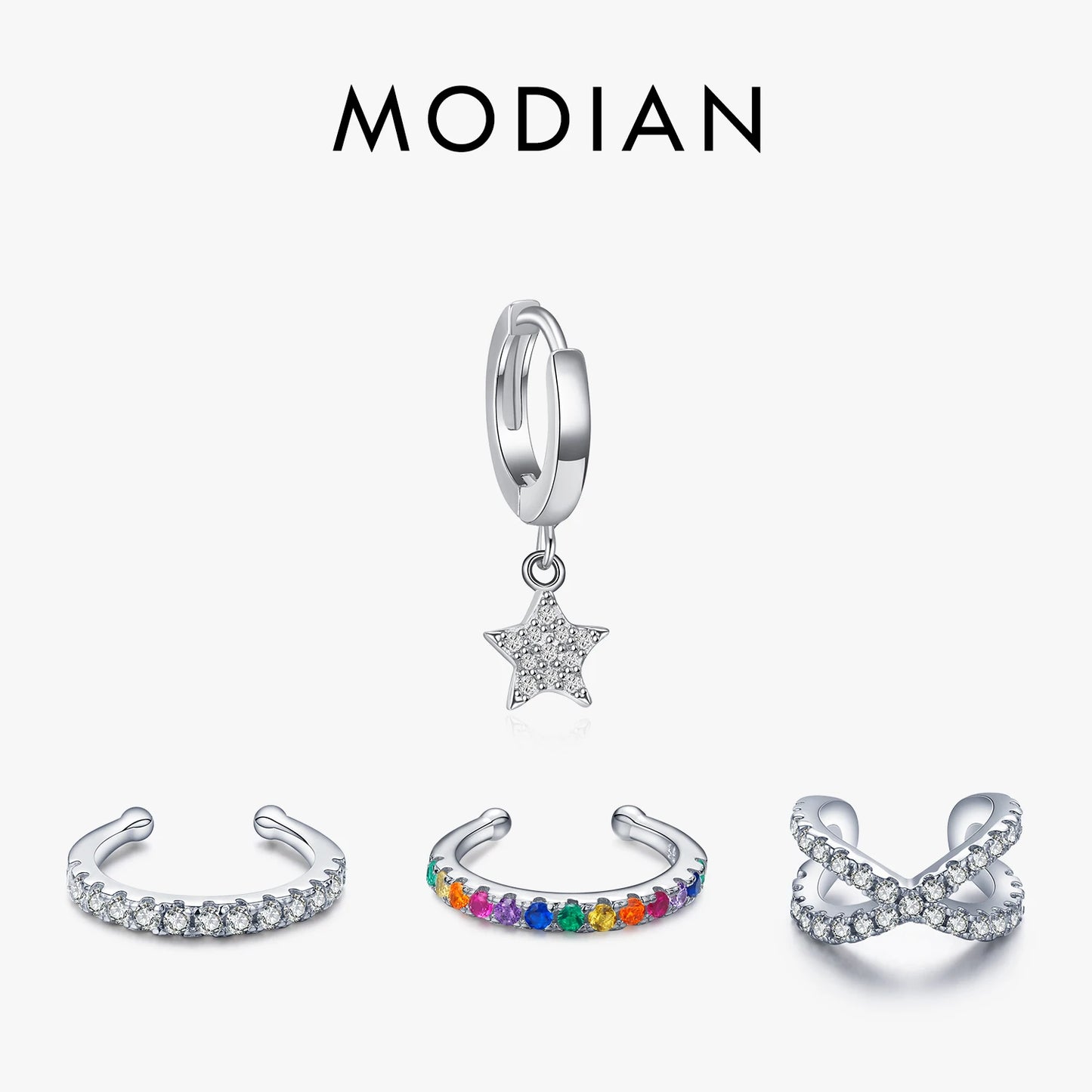 Modian 1 PCS Ear Cuff Real 925 Sterling Silver Rainbow Zirconia Elegant Fashion Clip Earrings For Women Statement Jewelry Gifts