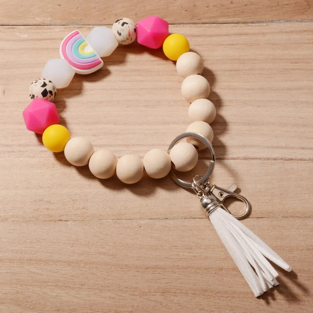 New Fashion Silicone Keychain For Keys Rainbow Color Silicone Beads Tassel Keyrings Women Men Beaded Bracelet Keychain Wholesale