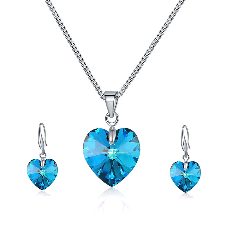 Romantic Heart Jewelry Sets Silver Color Crystals from Austria Pendant Necklace Drop Earrings for Women Wedding Anniversary