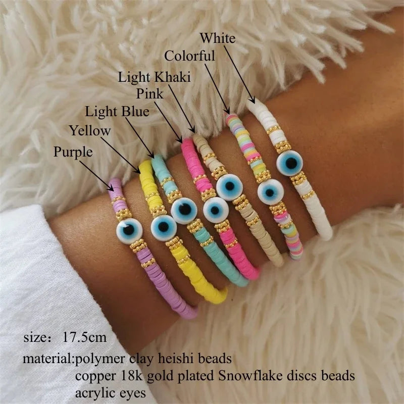 Hemasa  Multi-color Polymer Clay Heishi  Turkish Evil Eye Bracelets for Women