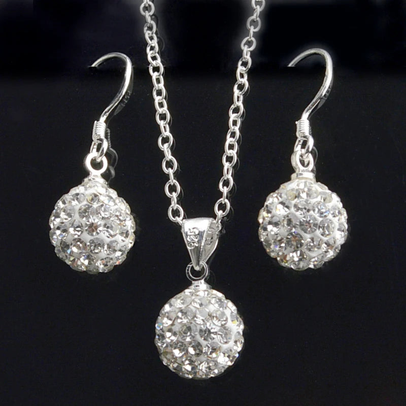 Brand Female Jewelry Set Women's Fashion Ab White Crystal 10mm Ball Drop Earrings Necklace Pendant Set Silver Color Wholesale