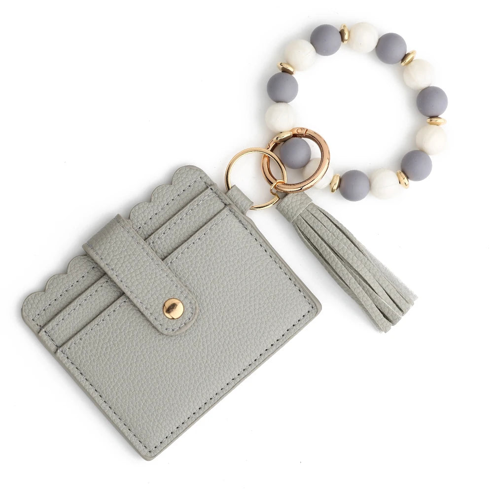 Hemasa Silicone Bead Bracelet  Leather Card Bag Wristlet Keychain Silicone Beaded Bracelet Leather Tassel Wallet Bangle
