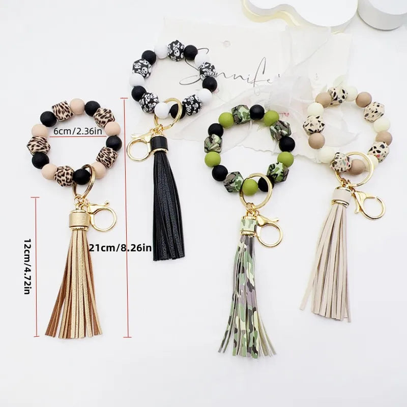 Hemasa Silicone Leopard Print Beads with  Tassel Car Keychain /Key Ring