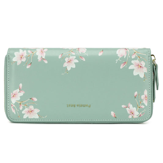 Tejesa RFID Blocking Leather Multi Credit Card Large Capacity Zip Around Wallets Clutch Wristlet Travel Flower Long Purse for Women