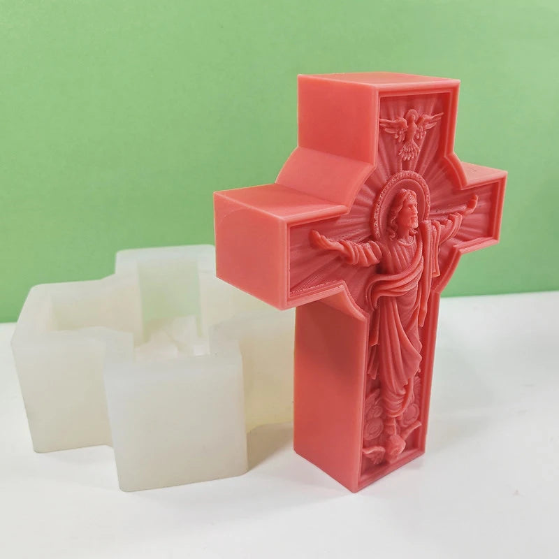 Hemasa Cross Jesus Statue Silicone Candle Mold/ Catholic Apostle Portrait Gypsum Concrete Resin Casting Tool