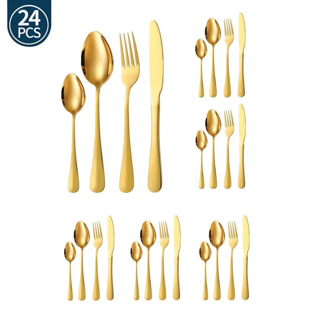 Hemasa 24Pcs Green Gold Tableware Set /Stainless Steel Cutlery  set  Knife Fork Spoon Restaurant Wedding Flatware Set