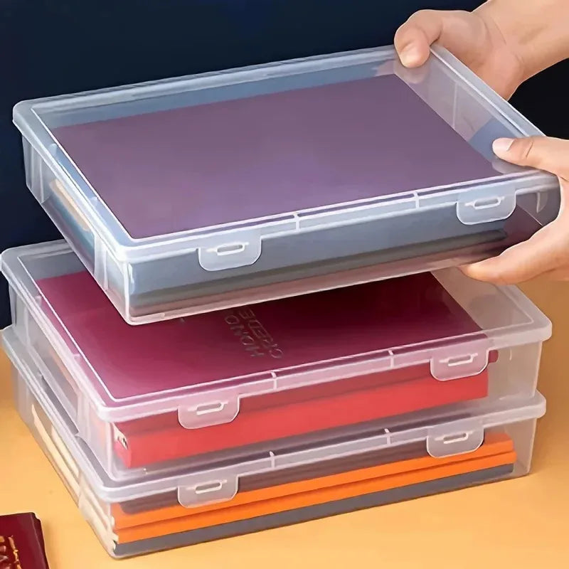 1Pc Clear Plastic Storage Container with Dustproof Cover, 3 Sizes Portable Large-Capacity File Organizer - for A4 A5 Paper