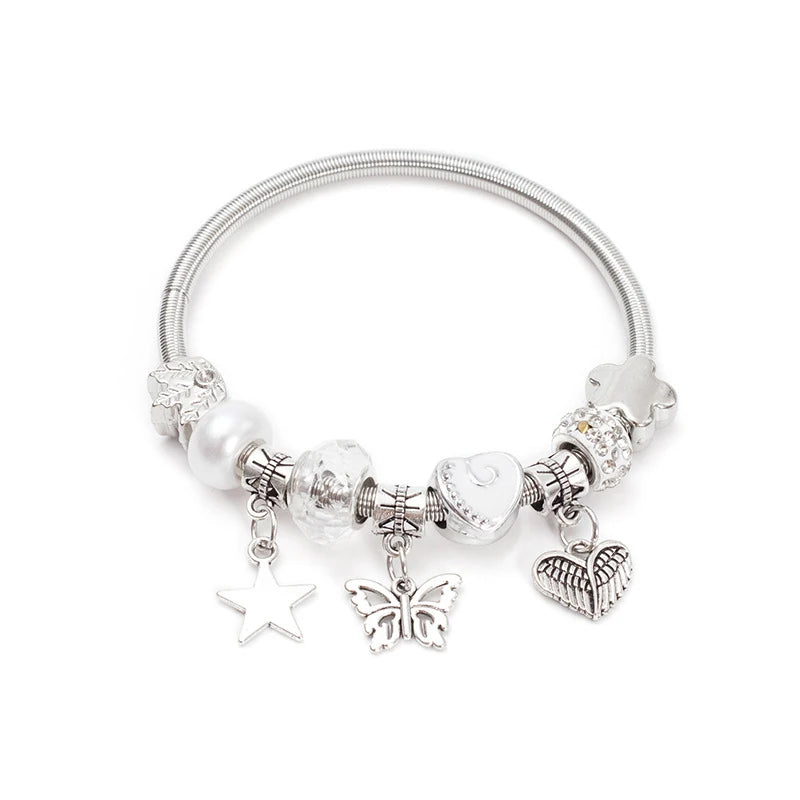 Fashion Simple Pandora Glazed Gem Beads Key Lock Love Hanging Bracelet Light Luxury Vintage Bangle For Women Jewelry Gift