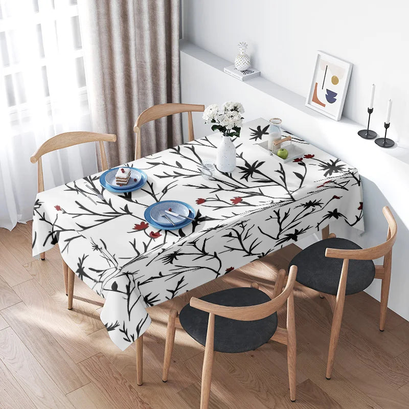 Minimalist Black/White Floral Dining Tablecloth for Home Decoration Elegant Decorative Table Linen Set with Four Napkins Various