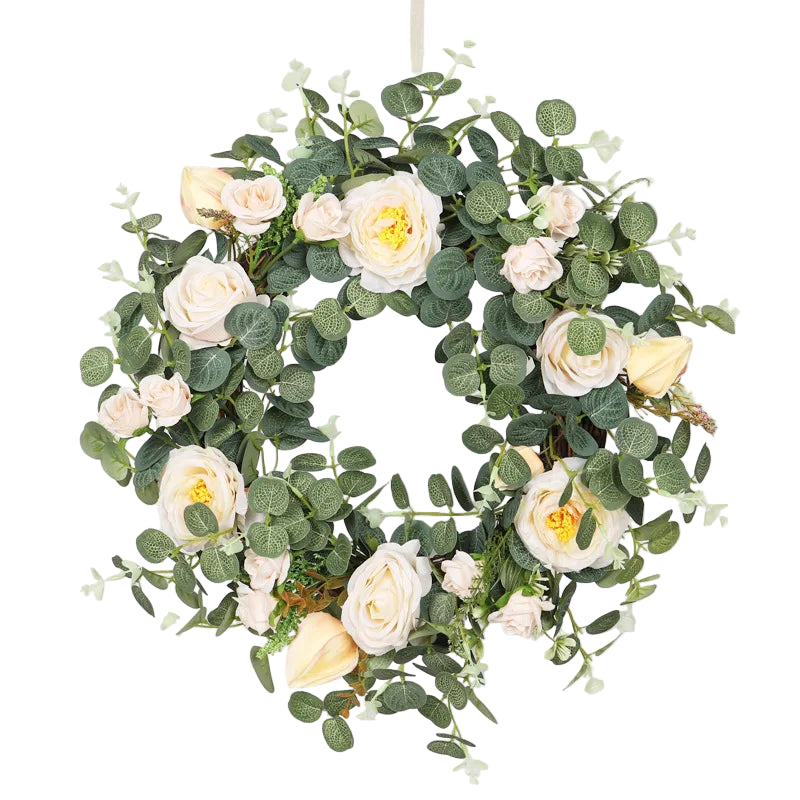 Tejesa Artificial Sunflower Spring  Wreath for Front Door  Green Eucalyptus Wreaths with Welcome Sign Wall Window Outdoor Decor