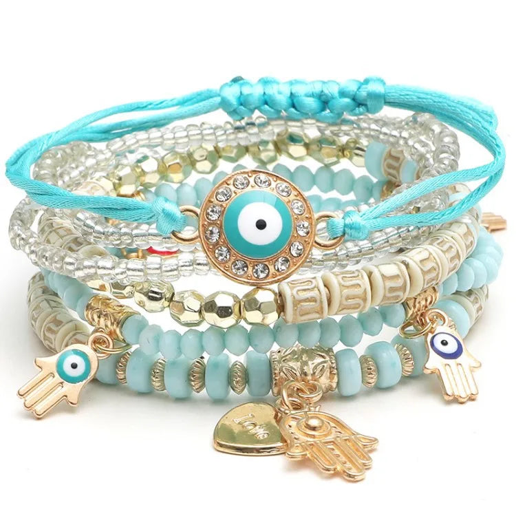 Bohemian Evil Eye Pendant Bracelet Set for Women Crystal Fatima Hand Charm Stone Beads Chain Bangle Female Bohemian Jewelry Gift
