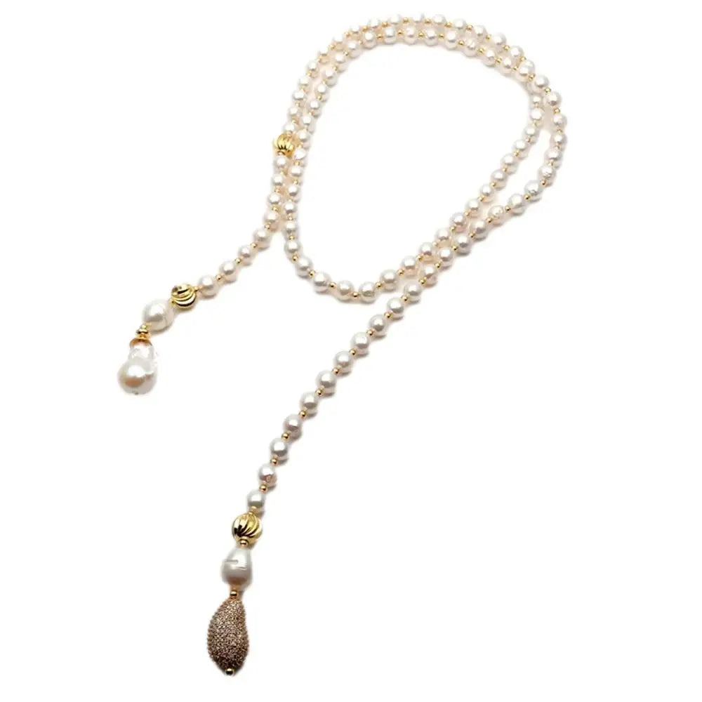 YYGEM White reborn Keshi Pearl  connector  8-9mm near round Freshwater pearl 40" Long  Necklace