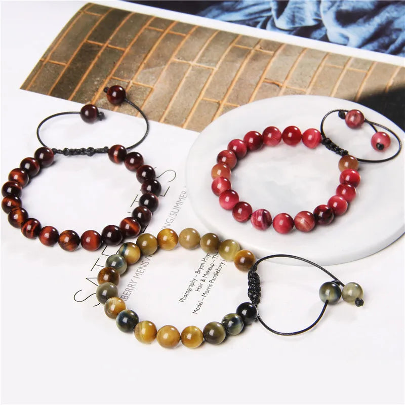 Hemasa Cool Royal Blue Tiger Eye Bracelets Natural Stone Tiger Eye Beaded Bracelets Pulsera Hombre Men Adjustable Woven Rope Bracelets
