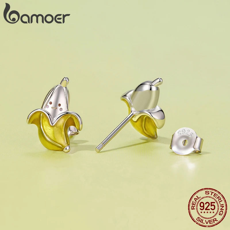 BAMOER 925 Sterling Silver Cute Banana Stud Earrings Enamel Yellow Fruit Earrings for Women Girls Funny Emotion Party Gifts