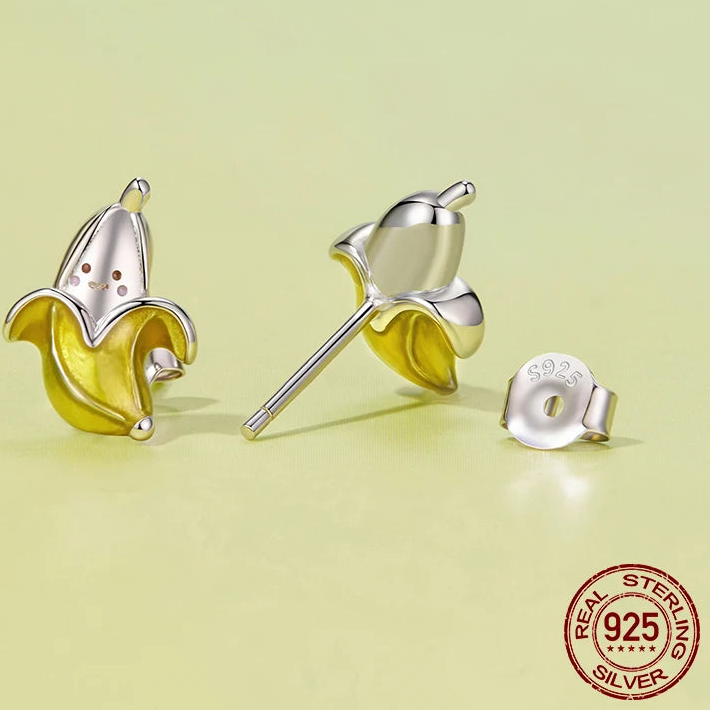 Tejesa 925 Sterling Silver Cute Banana Stud Earrings /namel Yellow Fruit Earrings for Women Girls