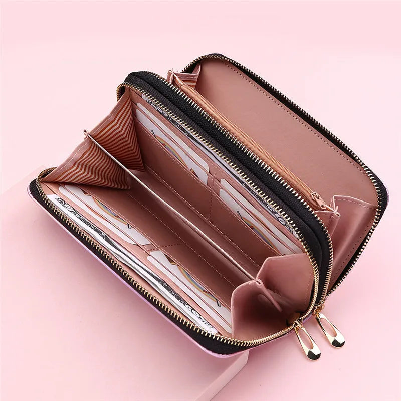 Double Zipper Women's Long Wallet Female Laser Soft PU Leather Coin Clutch Bag Large Capacity Business Card Holder New Arrival