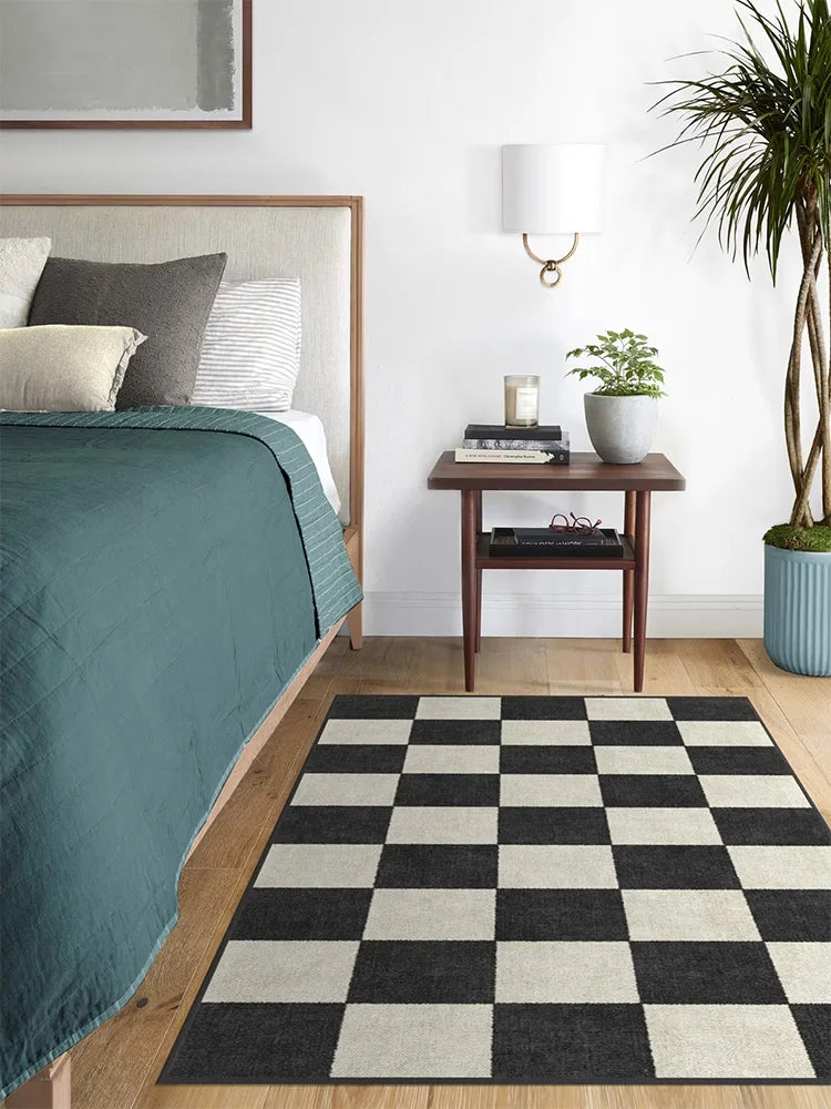Tejesa Black and White Plaid Living Room Large Area Carpet Square Geometric Bedroom Carpet Minimalist Checkerboard Rug Cream Style Rugs