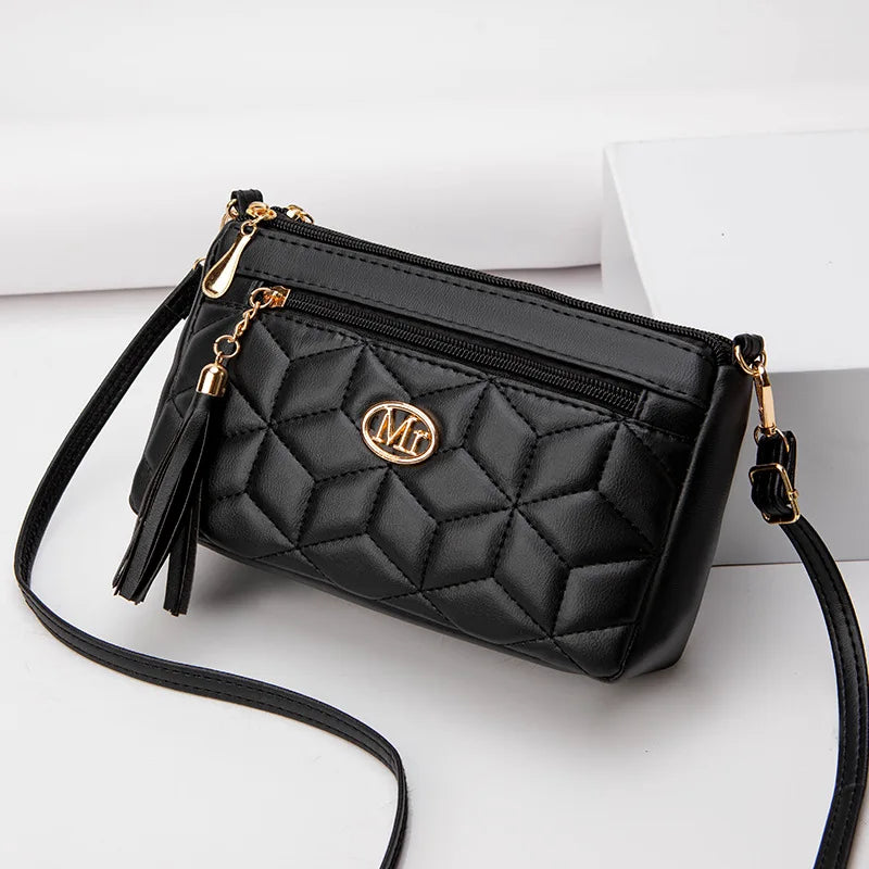 Hemasa Double Zipper Crossbody Diamond Lattice Shoulder Bag Tassel Decoration  Zipper handBag