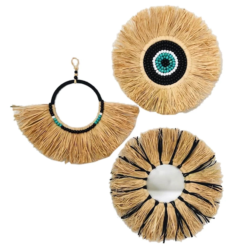 Moroccan Hemp Rope Wooden Bead Mirror Round Raffia Wall Hangings Ins Handmade Straw Decorations