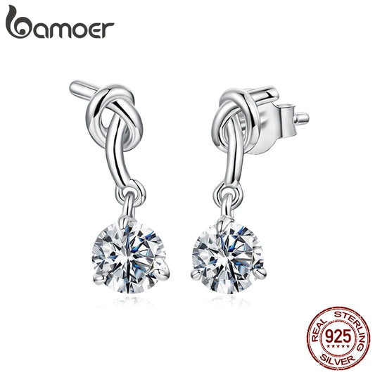 BAMOER Knot Moissanite Stud Earrings, 0.5CT Drop Dangle Earrings Round Cut Lab Created Diamond for Women Engagement Gift S925