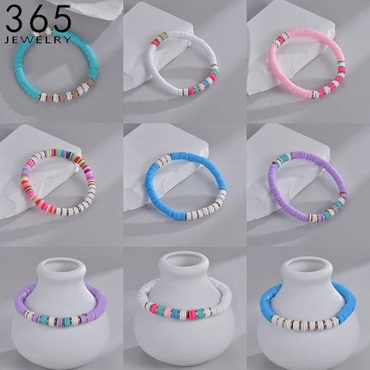 Bohemian Rainbow Polymer Clay For Women Fashion Handmade Surfer Choker Bracelet Stainless Steel Jewelry Chain Gift