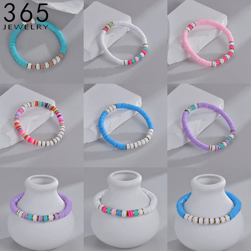 Bohemian Rainbow Polymer Clay For Women Fashion Handmade Surfer Choker Bracelet Stainless Steel Jewelry Chain Gift