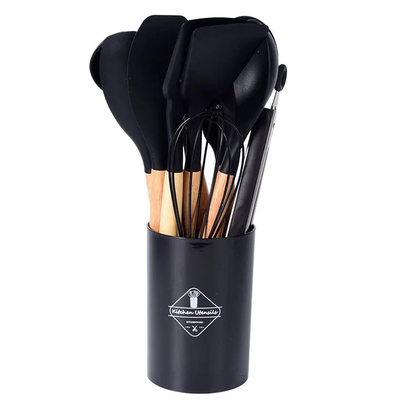 Hemasa 12PCS Silicone  Non-Stick Cookware Kitchen Utensils Set Spatula Shovel Egg Beaters Wooden Handle Cooking Tool Set
