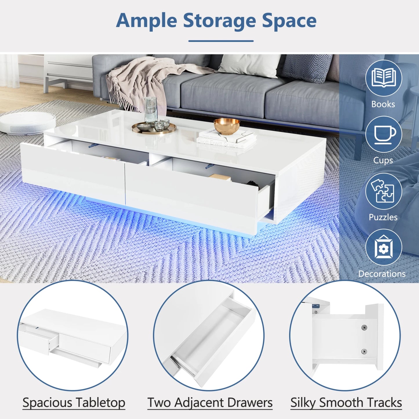 Smart LED Lighting with APP Bluetooth Control Tea Table , White High Gloss Coffee Table With 2 Drawers, Modern Rectangular Table