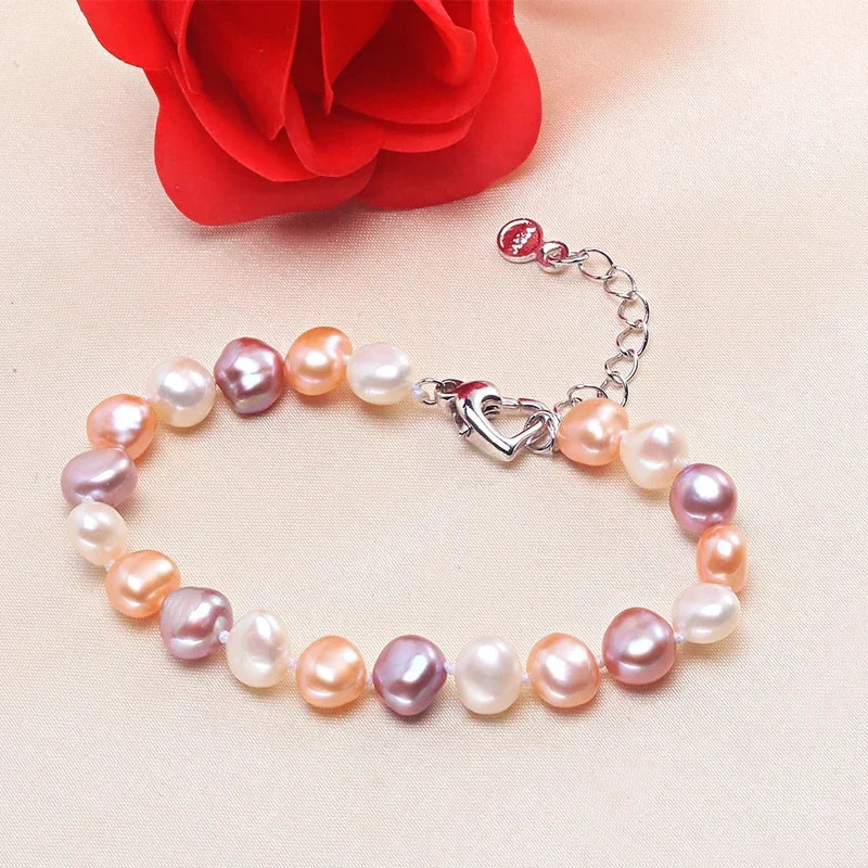 YWYC 5-6mm Heart Buckle Bracelet for Women Natural Freshwater Baroque Pearl 16-20cm Bracelets with Chain