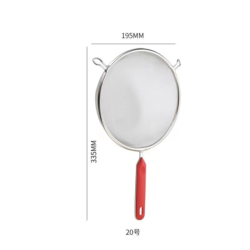 10 Sizes 201 Stainless Steel Strainer Colander Fine Mesh Oil Skimmer PP Red Handle Food Noodles Flour Sieve Frying Scoop
