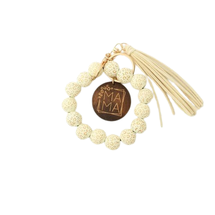 Hemasa Silicon Beads MAMA Monogram Wood Blank Wooden Disc Bracelet Tassel Keychain Wristlet Gift for Her Key Ring