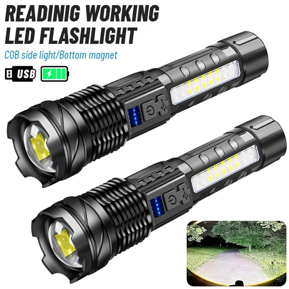 Super Bright LED COB Flashlight USB Rechargeable Torch with 7 Lighting Modes Telescopic Zoom Lantern for Outdoor Camping Hiking